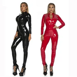 Women Catsuit Costumes Sexy Faux Leather Catsuit PVC Latex Bodysuit Front Zipper Open Crotch Jumpsuits Stretch Bodystocking Erotic Club Costumes