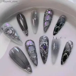 False Nails Metal Magic Mirror Power Powled fundo/punk prego/y2k/elegante unhas/prego 3D Made Made in unhas/pressione Q231115