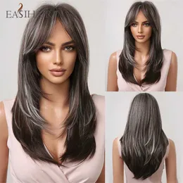 Synthetic Wigs Easihair Long Gray Brown Mixed Synthetic Hair Wigs with Bangs Straight Natural for Women Heat Resistant Cosplay Wig 230227