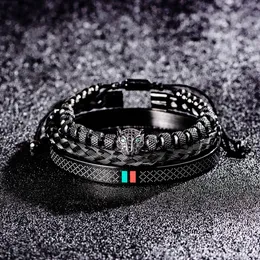 Luxury Handmade Braiding Bracelet Men Pave CZ Leopard Head Enamel Green Red Bracelet Stainless Steel Jewelry