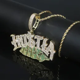 Iced Out Letter Hustla Pendant med repkedjans halsband stenlagd 5a Cz Stone för kvinnor män US dollar Hip Hop smycken droppfartyg