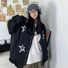 Kurtki damskie y 2K haftowa gwiazda graficzna kurtka bombowca dziewczyna bluzy czarne zamek błyskawiczne top hip hop grunge harajuku yk2 streetwear 231113