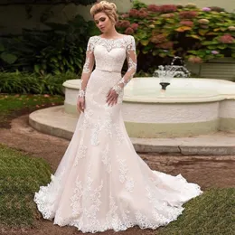 2023 Mermaid Wedding Dress Organza Veling Beading Equin Long Sleeve Bridal Vruds Sweep Train Train Dresses Custom