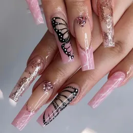 24pcs Detachable Pink Long Coffin Press on Nail Full Cover False Nails Wearable Rhinestone Gradiant Ballerina Design Fake Nails LL