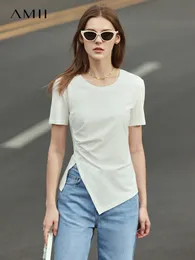 Women's T-Shirt Amii Minimalist Spring Summer Tshirt For Women Oneck Solid Asymmetric Tees Tops Short Sleeve Clothing Female Tops 12240144 230414