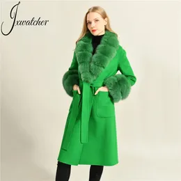 Женское пальто из искусственной кашемировой шерсти с натуральным воротником и манжетами, двусторонний высококачественный ремень с длинными карманами, роскошная женская верхняя одежда 231114