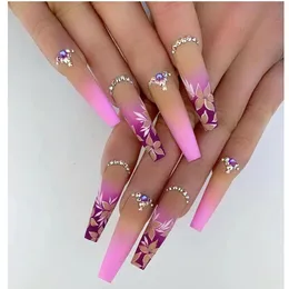 False Nails 1Kit Gradient Ramp Purple Tips Long Square Ballerina Luxury Decoration With s Home DIY Press On Coffin 230413