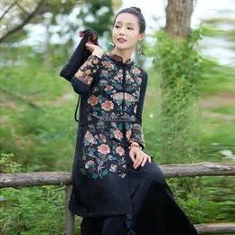 エスニック服2023女性中国国家スタイルの花の刺繍スタンディングカラーノースリーブロングベストトップブラウスレトロコートS833