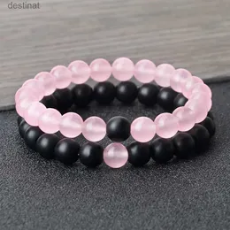 Frisado Pedra Natural Correspondência Casal Pulseira Distância Rosa Preto Grânulos Para Homens Mulheres Strand Pulseiras Bangles Yoga Amante Jóias GiftsL24213