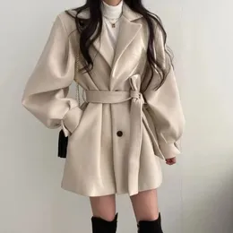 Womens Wool Blends Itoolin Women Laceup Trench Coat med fickor Woolen Turndown Collar Knappar Långärmad överrock för Autumn Winter 231113