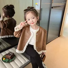 Jackets Baby Girls Leather Coats Kids Clothes Outerwear Spring Autumn Jacket Korean Ruffles Button Up Cardigan Puff Sleeve 2 To 10 Yrs