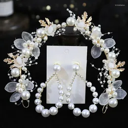 Fermagli per capelli Ragazze eleganti Fasce e orecchini da sposa Set Copricapo di perle imitate Corona di fiori Sposa Testa Cerchio Gioielli da sposa