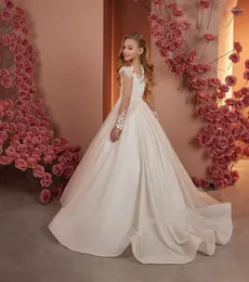 Sukienki dla dziewczynek luksusowa sukienka kwiatowa na ślub A-line koralik z długim rękawem appplique urodzinowa suknia urodzinowa