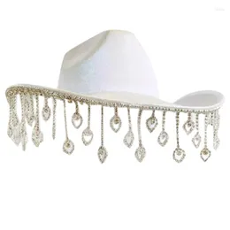 Berets 652F Eleganter Cowgirl-Hut für die Brautparty, Weißer Junggesellenabschied, schimmernde Quasten, breite Krempe