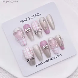 False Nails Sweetheart Pink Plaid French Tip Nails With Bow Tie Cute Kawaii Princess Y2k Fake False Press On Nails For Girls Party Q231114