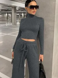 Kvinnors tvåbitar byxor taruxy snörning byxa set vinter kvinnor smala turtleneck långärmad pullover femme sport lös 2 kvinnor kläder