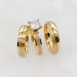 Cluster anéis aliança designer soulmate amado um 3 pcs casamento noivado conjuntos de noiva casais 24k banhado a ouro jóias de aço de titânio