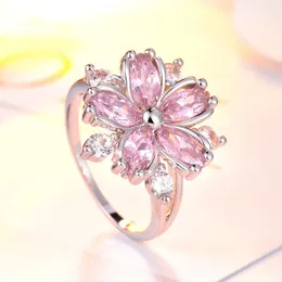 Wedding Rings Elegant Fashion Sakura Princess Engagement For Bride Jewelry Romantic Cherry Blossom Zircon Lady RingsWedding