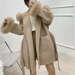 يمزج الصوف النسائي Furyoume Winter Cashmere Coat Women REAL FUR COAT MID-LENGLED WOOL JACKEL CAMEL BLACK OUTERWEAR FOX FOR TWILAR and CUFFS BELT 231113