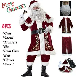 Themenkostüm Rot Deluxe Samt Fancy 8-teiliges Set Weihnachtsfeier Mann Kinder Familienkostüm Weihnachten Weihnachtsmann Anzug Erwachsene Weihnachten Cosplay Kostüm 231113