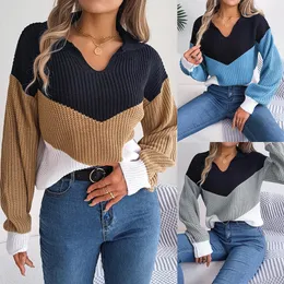 Frauen Pullover Patchwork Farbe Laterne Langarm Gestrickte Pullover Frauen Casual Pullover Herbst Winter 231113