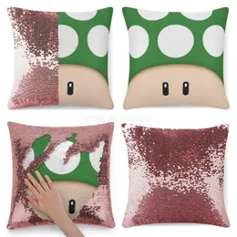 Kuddefodral Green 1up Mushroom Sequin Pillowcase Glitter för soffa Dekorativt parti Super Video Game Gamin