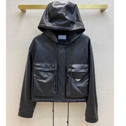Women's Leather & Faux Designer Higher Version Womens Jacket Metal Triangle Embroidery Hooded Jackets Windbreaker Zipper Cardigan Coats Zitt