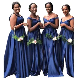 Navy Blue Off Shoulder Bridesmaid Dresses for Weddings Guest Woman V Neck Designs Long Elegant Satin Slit Prom Party Gowns