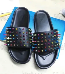 Men's Pool Fun Spiked Leather Sport Slipper Donna Pool Stud Slides Red Sole Flat sandals Black Summer wide straps Mules Calf leather Slip-on Thick Bottom