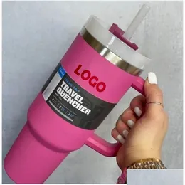 Garrafas de água 40oz rosa com alça insated aço inoxidável tumbler tampas st carro viagem canecas café termos copos logotipo dhs gota entregar dhjvd