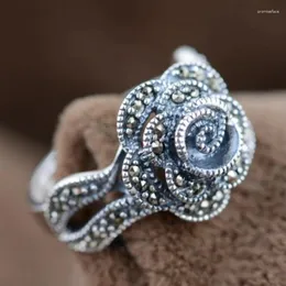 حلقات الكتلة Bocai S925 Sterling Silver Marcasite Rose Style Thai Jewelry Pure Argentum للنساء