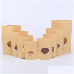 Packing Bags Stand Up Kraft Paper With Round Window Yellow Pack Storage Dried Food Fruits Tea Electronic Product Pouches Lx056 Drop Dhdop