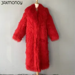 女性の毛皮のフェイクジャクソモノイ女性のための本物のジャケット天然モンゴル羊コート秋の冬ウォームロングスタイルコートファッションラグジュアリー女性231114