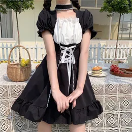 Robes de soirée 2023 Robe Lolita noire Kawaii Maid Japonais Cosplay Costume Harajuku Bandage Femmes Sexy Serveuse Manches Bouffantes Uniforme