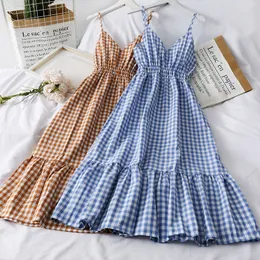 Casual Dresses Summer Women Vneck Plaid Strap Sleeveless Beach Long Elegant Vintage Party Vestidos P555 ​​230414