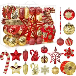 Decorações de Natal 128pcs Bolas Ornamentos Conjunto Fita e Topper de Árvore para Festa de Casamento de Feriado de Natal com Corda Pendurada 231115