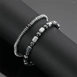 Strang 2 teile/satz Matt Schwarz Perle Vulkanstein Armbänder Für Männer Perlen Armband Set Frauen Natürliche Energie Fußkettchen Schmuck Geschenke