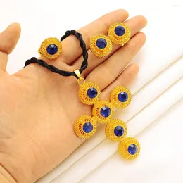 Brincos de colar Jóias de joalheria cruzada Etiópia conjuntos de pedras azuis pingentes e colares de colares anéis africanos eritreanos habesha