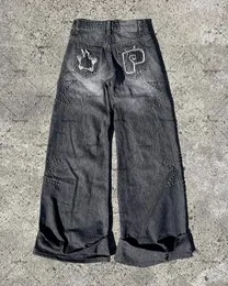 Jeans masculinos y2k calças escuras estrela americana diamante tendência marca oversized homens alta rua moda reta perna larga calça 231114