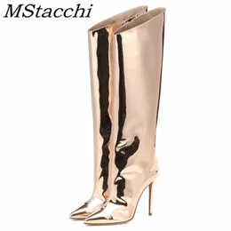 Сапоги, женские высокие сапоги, золотистые, серебряные сапоги до колена с острым носком для женщин, пикантная обувь для вечеринок на высоком каблуке, женская обувь на шпильке botas femininas 231115