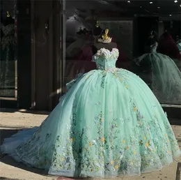 Green Sweetheart Ball Gown Quinceanera klänningar från axeln 3D Blommor födelsedagsfestklänningar Appliced ​​Vestido 15 Robe de 322 S S S S S S S