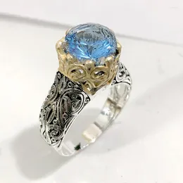 Cluster Rings Vintage Two Tone Carved Flower Ring Round Sea Blue Zircon Crystal Wedding FOR Men Women Jewelry Lover's Gifts