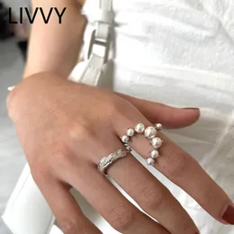 Anelli a grappolo LIVVY Colore argento Design alla moda Doppio anello regolabile con perla scavata Gioielli da donna semplici e leggeri per feste