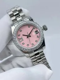 Nuovo orologio da donna con diamanti rosa, orologio da polso meccanico automatico con cassa in acciaio inossidabile da 28 mm