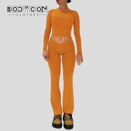 Kvinnors tvåbitar byxor Bodyconclothes Spring Fall 2 Piece Outfits Solid Color O Neck Long Sleeve Slim Fit Basic T Shirts Tops BLARED 231114