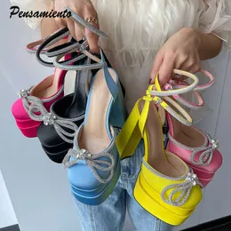 slipper Luxury Satin Crystal Women Pump Fashion Square toe Platofrm Wedge Ultra High heel Summer Female Chunky Shoe Gladiator Sandals