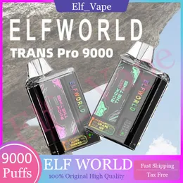 Original ELF WORLD TRANS PRO 9000 Puffs Electronic Cigarette Vape Pen 15ml Disposables ELFWORLD 750mah Rechargeable Battery Type C Mesh Coil 10 Flavors Available 9k
