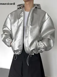 Men s jackor Mauroicardi Autumn Winter Overdimensionerade Cool Waterproof Silver Pu Leather Jacket Men med Hood Dragkedja lyx Y2K Streetwear 2023 231114