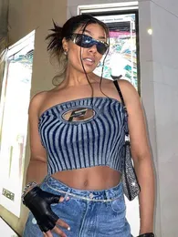 Canottiere Canotte Sexy Lettera in metallo Scava fuori Top tubolare in maglia a righe blu per le donne Moda Slim Crop anni 2000 Y2k Abbigliamento Streetwear 230414