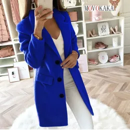 Herr ullblandningar Movokaka 2023 Autumn Winter Women's Long Sleeve Woolen Coat Solid Color Suit Collar Single Breasted Pockets 231114